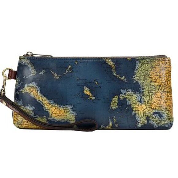 Patricia Nash \'Vetralla\' Leather Wristlet /W RFID Protection Greek Map Print-NWT